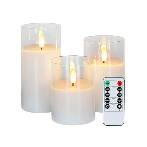 STGRGFHY 3pc Vanilla Scented Wax Flameless LED Clear Candles with Remote Timer,Glass Battery Operated Pillar Real Wax Candle Flickering Light Safe for Home,Spa,Gifts,Wedding Home Party Decor