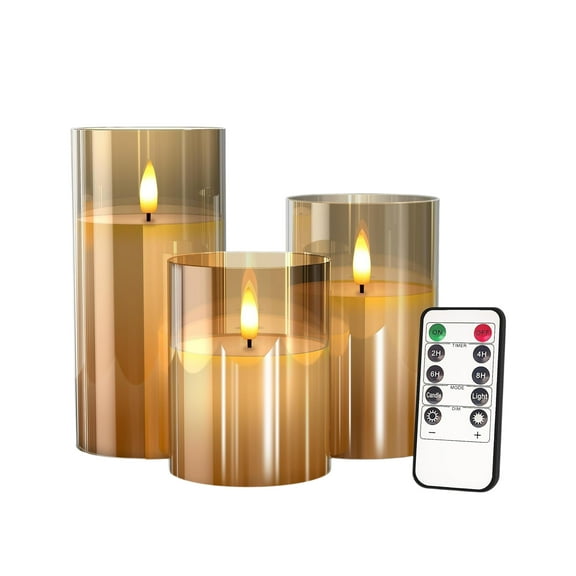 STGRGFHY 3pc Vanilla Scented Wax Flameless LED Gold Candles with Remote Timer,Glass Battery Operated Pillar Real Wax Candle Flickering Light Safe for Home,Spa,Gifts,Wedding Home Party Decor