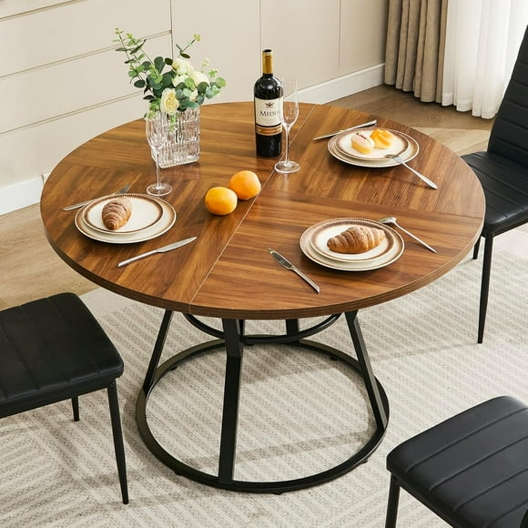 STHOUYN 47 Round Dinner Table for 4 6, Small Circle Dining Room Table with Metal Legs, Modern Farmhouse Rustic Kitchen Table for Living Room Apartment Restaurant (Brown)
