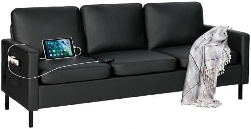 STHOUYN 72" W Faux Leather Black Sofa 3 Seat Couch, Modern Comfy Couch ...