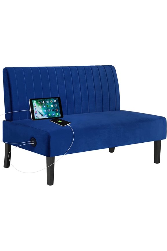 STHOUYN Mini Comfy Couch Armless Loveseat Sofa with USB Port, Velvet Couches for Small Spaces Living Room, Apartment Office Dorm (Navy Blue)