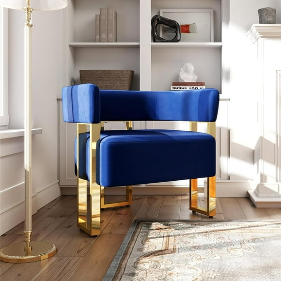 STHOUYN Modern Navy Blue Velvet Accent Chair, Barrel Chairs Arm Side Chairs for Living Room Bedroom (1, Blue)