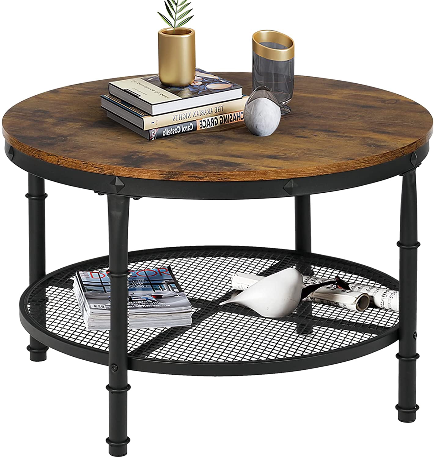 STHOUYN Small Round Coffee Table with Storage, Rustic Center Table for