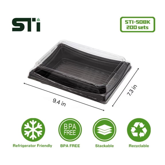 STI 200 Sets Black Rectangle PET Food Storage Containers with Lid 9.4x7.3x2.2 in