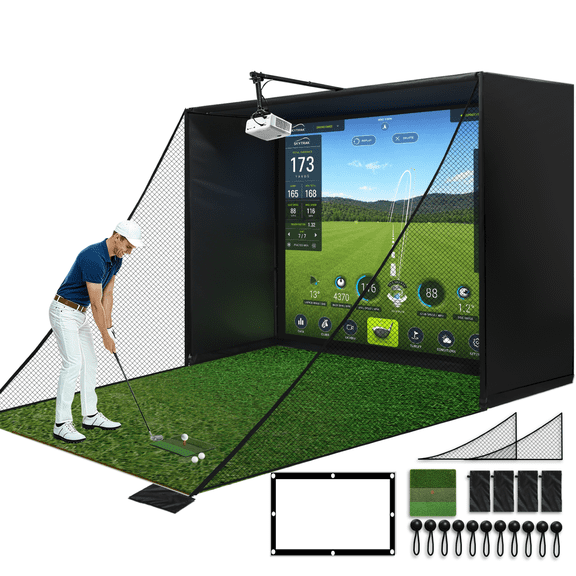 STICCIO 10x8ft Golf Simulator Enclosure with Multilayer HD Screen, XPE Foam Padding Frame, Dual Side Nets & Hitting Mat for Home Garage