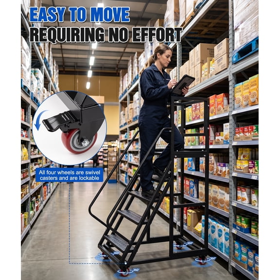 STICCIO 4-Step Rolling Steel Ladder 1100 lbs Capacity Mobile Ladder with 4 Lockable Casters