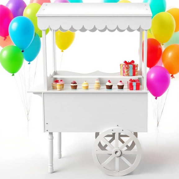 STICCIO 70x48x22in Candy Cart Display Stand with Awning, 100 Balloons & Light String, 55lbs Capacity, Wood Snack Cart for Party Wedding