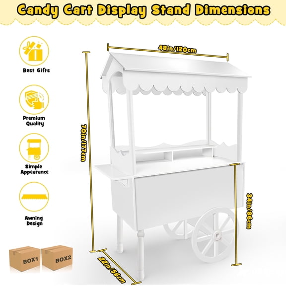 STICCIO 70x48x22in Candy Cart Display Stand with Awning, 100 Balloons & Light String, 55lbs Capacity, Wood Snack Cart for Party Wedding