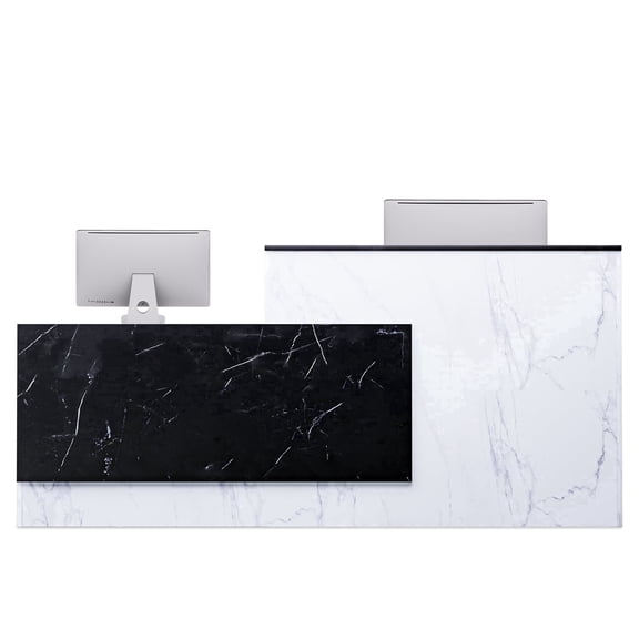STICCIO 71" L-Shaped Reception Desk with Counter, Lockable Drawers & Keyboard Tray, Marble Texture Front Desk for Office, Salon & Lobby