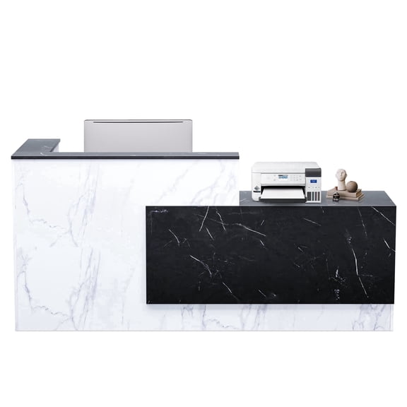 STICCIO 71" L-Shaped Reception Desk with Counter, Lockable Drawers & Keyboard Tray, Marble Texture Front Desk for Office, Salon & Lobby