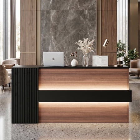 STICCIO Reception Desk with LED Lights and Mobile File Cabinet, 3-Drawer Rolling Pedestal, 76.7 x 23.6 x 43.4 inch Front Desk for Office Lobby Salon