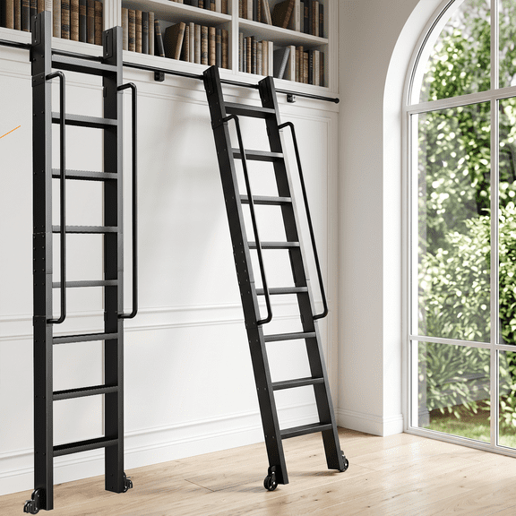 STICCIO 8-Step 94.5 in Rolling Library Ladder with Dual Handrails, 450 lbs Capacity Aluminum for Closet Loft
