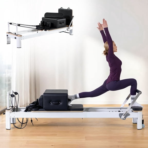 STICCIO Aluminum & Maple Wood Pilates Reformer, Adjustable Height Resistance Trainer with Full Accessories, Home Gym Yoga Workout Machine.