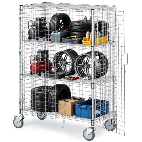 STICCIO Chrome Wire Security Cart 3 Tier Heavy Duty Storage Cage with Lockable Doors for Warehouse Garage