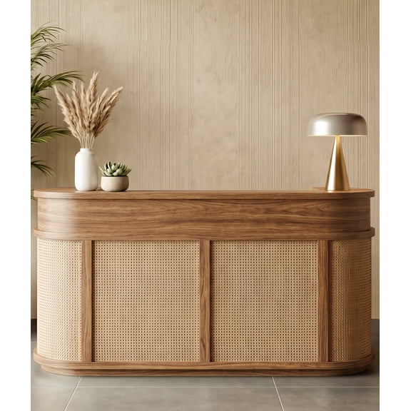 STICCIO Curved Rattan Reception Desk, 78.7 in Walnut Front Desk for Salon and Office
