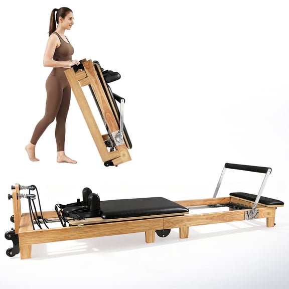 STICCIO Foldable Pilates Reformer Machine for Gym ＆ Home, Oak Wood Pilates Equipment, 5 Springs 7-Gear, 400 lbs Load, 3" PU Cushion, Full Set Included