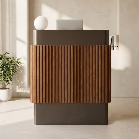 STICCIO Reception Desk 27.1in Walnut Front Desk With 2-Tier Storage 110lbs Capacity For Salon Retail Store