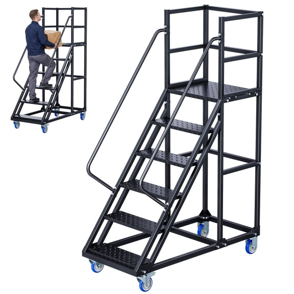 STICCIO Rolling Ladder, 6 Step Warehouse Ladder with Handrails, 1100 lb Capacity