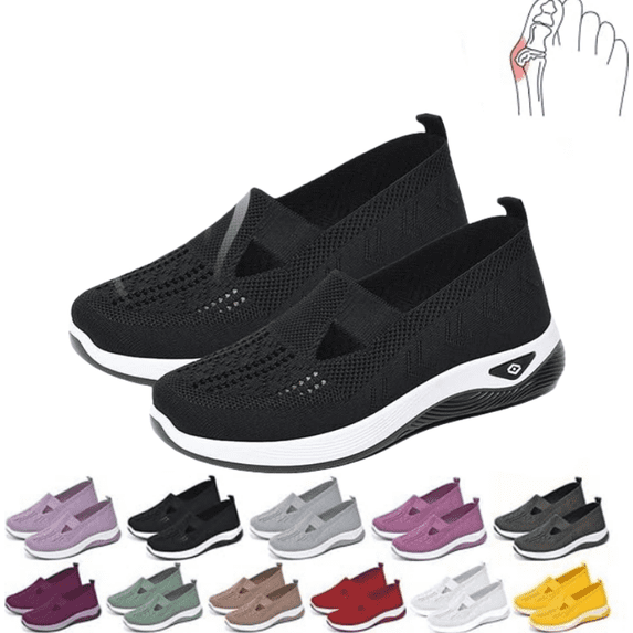 Stichou 2026 New Women's Woven Orthopedic Breathable Soft Sole Shoes Walking Slip on Diabetic Foam Shoes in Sneakers Arch Support,Daily Commuting Shoes Black
