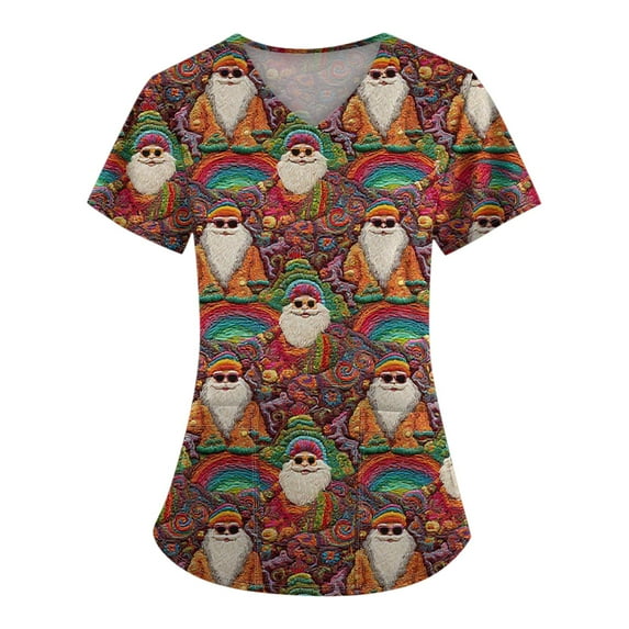 Stichou Christmas Scrub Tops Women with 2 Pockets Christmas Graphic Medical Uniforms Short Sleeve Funny V Neck Loose Fit Stretchy Scrub Plus Size Orange 5XL
