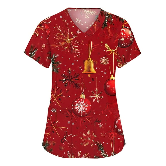 Stichou Christmas Scrub Tops for Women with 2 Pockets Snowflake Graphic Nurse Uniforms Short Sleeve Holiday V-Neck Loose Fit Stretchy Scrub Plus Size Red 3XL