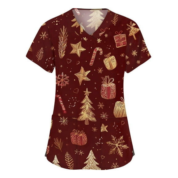 Stichou Christmas Scrub Tops Women with 2 Pockets Snowflake Print Nursing Working Uniforms Short Sleeve Funny V-Neck Comfy Stretchy Scrub Plus Size Gold L