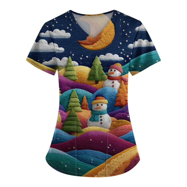 Stichou Christmas Scrub Tops Women with Pockets Snowman Print