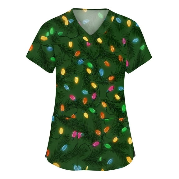 Stichou Christmas Scrub Tops Women Plus Size Christmas Tree Print Short Sleeve Nursing Uniforms Funny V Neck Loose Fit Stretchy Scrub with Pockets Dark Green XL