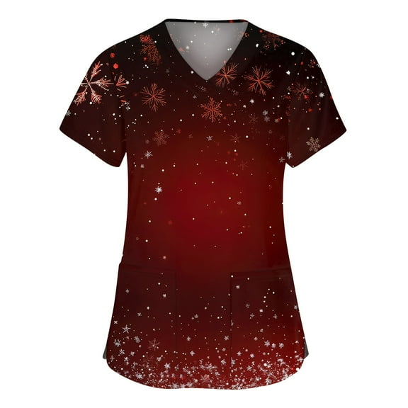 Stichou Christmas Scrub Tops Women Plus Size Snowflake Print Short Sleeve Nursing Working Uniforms Happy V-Neck Trendy Stretchy Scrub with Pockets Deep Red 4XL