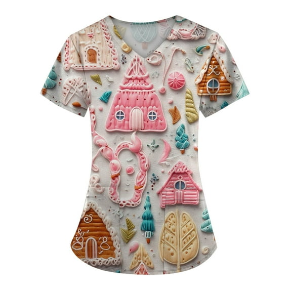 Stichou Christmas Scrubs Tops for Women with 2 Pockets Christmas Graphic Nurse Working Uniforms Short Sleeve Happy V-Neck Comfy Stretchy Scrub Plus Size Light pink 2XL
