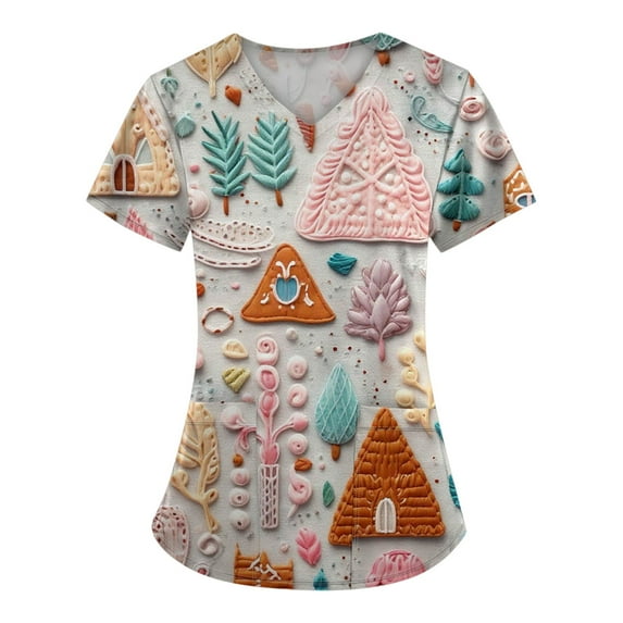 Stichou Christmas Scrubs Tops Women with 2 Pockets Christmas Print Nurse Uniforms Short Sleeve Funny V Neck Comfy Stretchy Scrub Plus Size Multicolor L