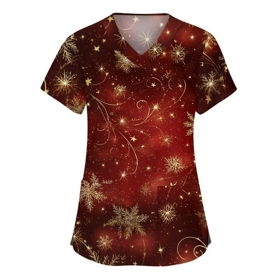 Stichou Christmas Scrubs Tops Women Plus Size Snowflake Print Short Sleeve Nurse Working Uniform Happy V Neck Loose Fit Stretchy Scrub with Pockets Deep Red L