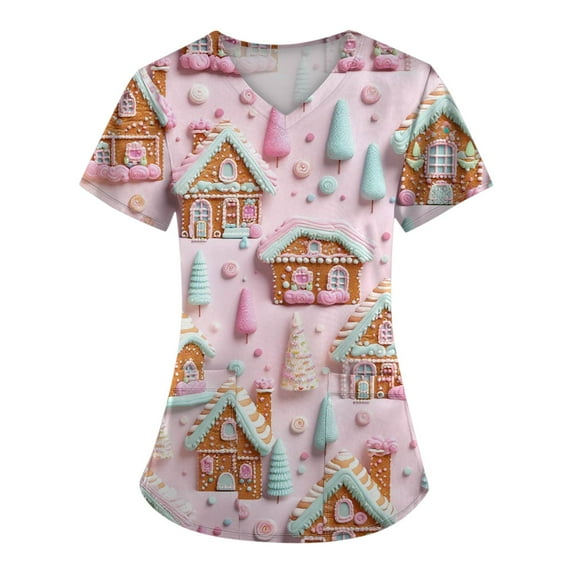 Stichou Christmas Scrubs Tops Women with Pockets Christmas Graphic Nurse Uniforms Short Sleeve Happy V Neck Loose Fit Stretchy Scrub Plus Size Pink 4XL