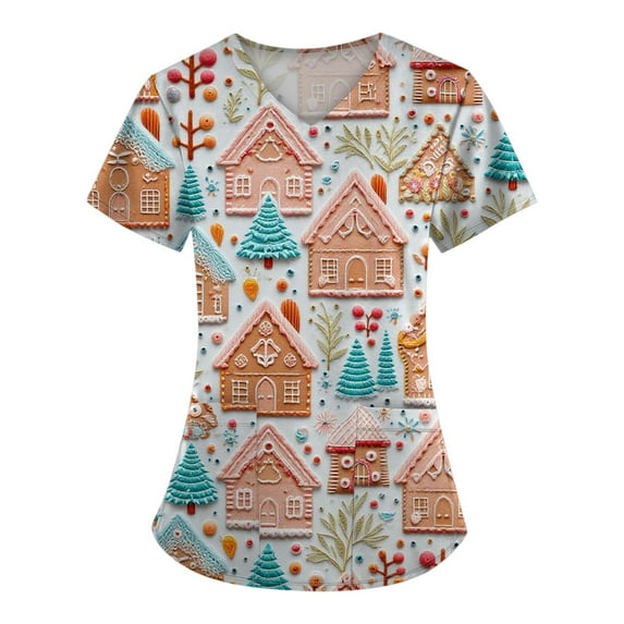 Stichou Christmas Scrubs Tops Women with Pockets Christmas Graphic Nurse Working Uniforms Short Sleeve Happy V Neck Trendy Stretchy Scrub Plus Size Light Brown 4XL
