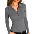 thumbnail image 1 of STICHOU Gray Polo Shirts for Women Long Sleeve Casual Solid Color Deep V Neck Tops Button Down Business Collared Tee Trendy Blouses Gray XL, 1 of 6