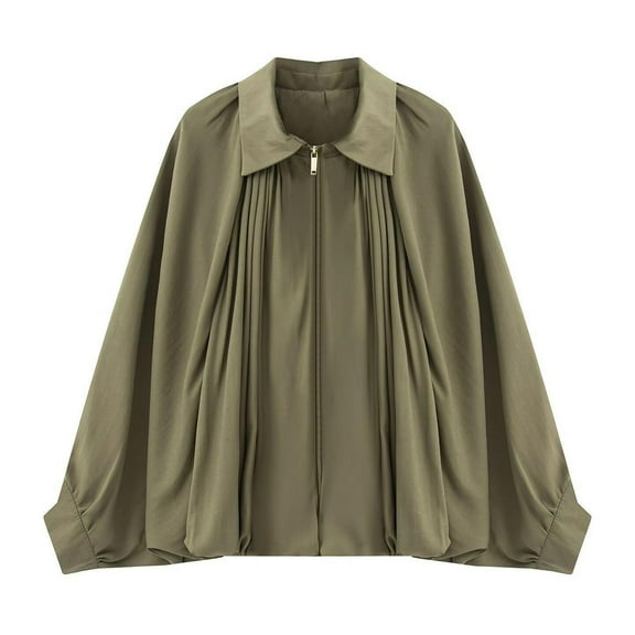 STICHOU Puffed Jacket for Women Oversized Casual Batwing Sleeve Lapel Collar Streetwear Fashion Zip Pleated Shirts Army Green S