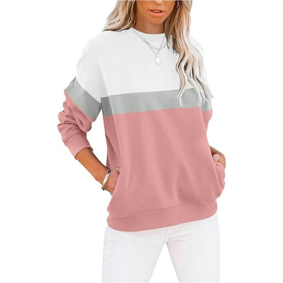 STICHOU Pullover Sweatshirts for Women Color Block Cute Long Sleeve Lightweight Blouses Fall Fashion Crew Neck Pullover Tops with Pockets Hot Pink M