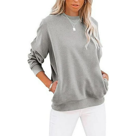 STICHOU Pullover Sweatshirts for Women Solid Color Cute Long Sleeve Comfort Blouses Fall Fashion Crew Neck Pullover Tops with Pockets Gray 2XL
