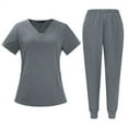 thumbnail image 1 of Stichou Scrub Set for Women V-Neck Short Sleeve Top and Pocket Jogger Pants Athletic Nursing Stretch Workwear Gray 2XL, 1 of 6