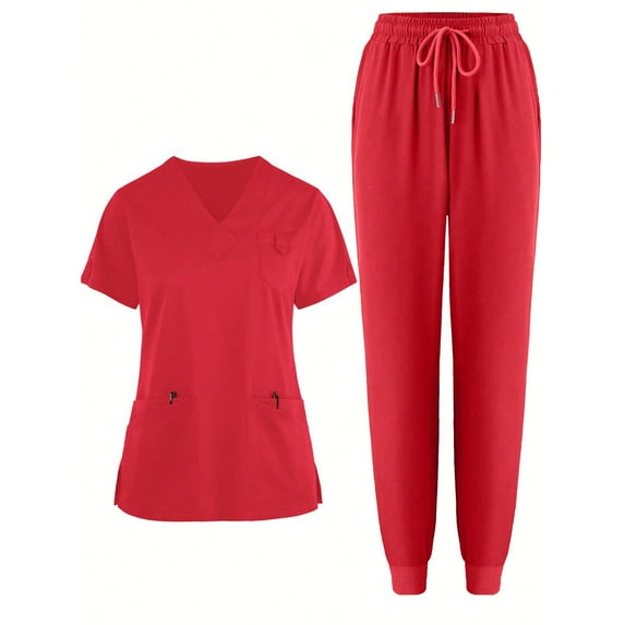 Stichou Scrub Set for Women V-Neck Short Sleeve Top and Pocket Jogger Pants Athletic Nursing Stretch Workwear Red L