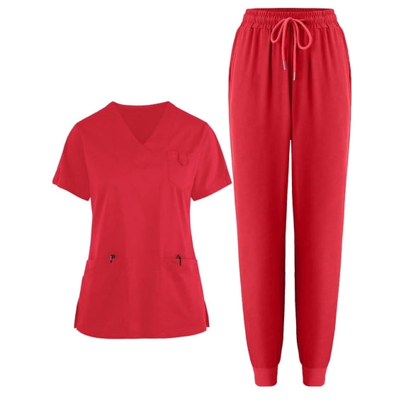 Stichou Scrub Sets for Woman Drawstring V Neckline Medical Scrubs Top and Jogger Pants Professional Stretch Nursing Uniform with Pockets Red 2XL