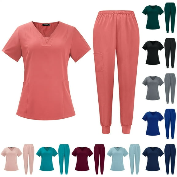 STICHOU Scrubs Set Multiple pockets V-Neck Top and Drawstring Scrub Pant - Medical Uniform Women Scrub Set Red 2XL