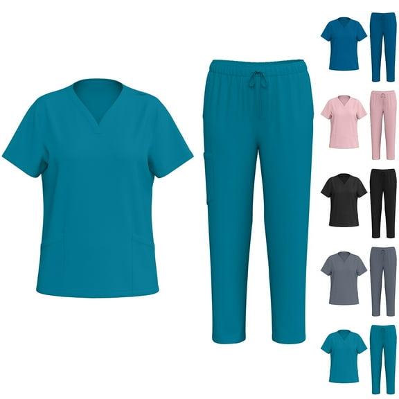 Stichou Scrubs Set for Women Nurse Uniform Jogger Suit Stretch Tank Top and Pants for Nurse Workwear Light Blue L