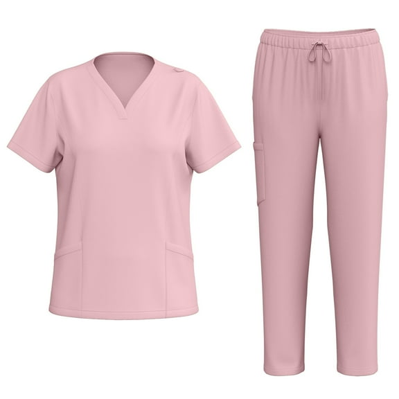 Stichou Scrubs Set for Women Nurse Uniform Jogger Suit Stretch Top & Pants with Multi Pocket for Nurse Workwear Pink XL