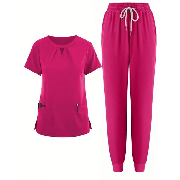 STICHOU Scrubs for Women Set Stretch V-Neck Scrub Tops Jogger Pant Nursing Uniforms Scrubs Sets Breathable Casual Outfits Hot Pink M