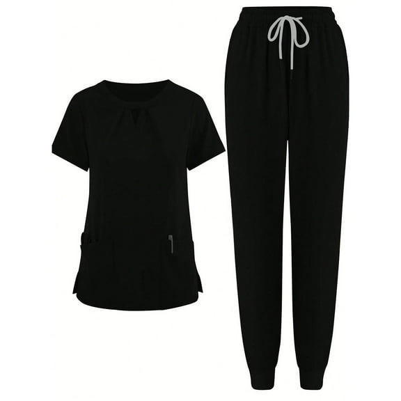 Stichou Uniforms Slim Fit Stretchy Scrubs Women's Jogger Scrub Set Slim Jogger Scrubs with Tuck-In Top for Women Black M
