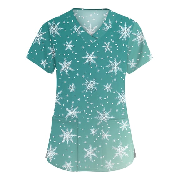 Stichou Women's Christmas Scrub Tops Plus Size Snowflake Graphic Short Sleeve Nursing Working Uniforms Holiday V Neck Trendy Stretchy Scrub with 2 Pockets Light Blue XL