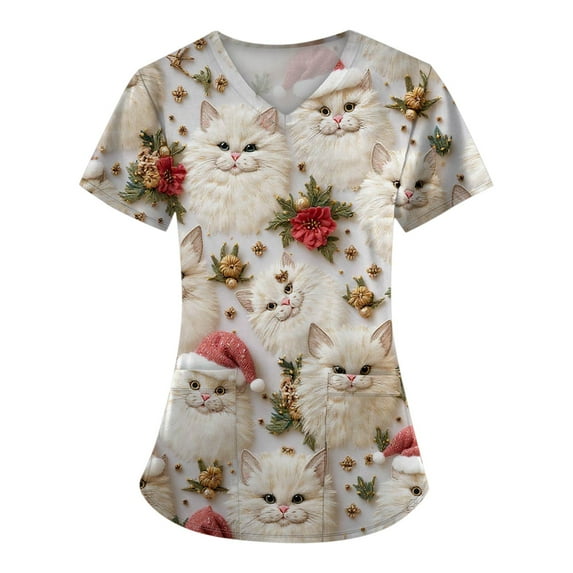 Stichou Women's Christmas Scrub Tops with Pockets Christmas Graphic Medical Uniform Short Sleeve Holiday V-Neck Fashion Stretchy Scrub Plus Size Khaki M