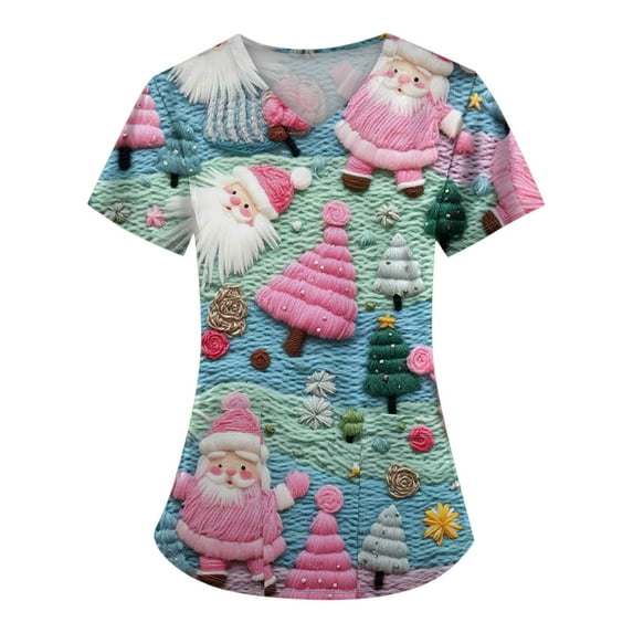 Stichou Women's Christmas Scrubs Tops with Pockets Santa Graphic Nurse Working Uniforms Short Sleeve Happy V Neck Trendy Stretchy Scrub Plus Size Dark Blue L