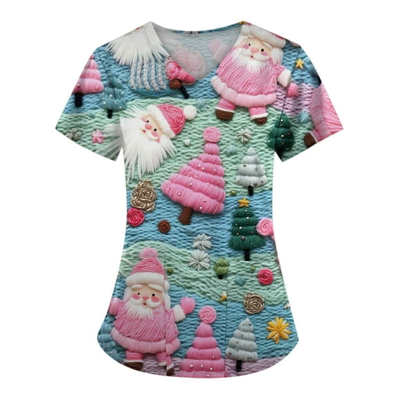 Stichou Women's Christmas Scrubs Tops with Pockets Santa Graphic Nurse Working Uniforms Short Sleeve Happy V Neck Trendy Stretchy Scrub Plus Size Dark Blue L